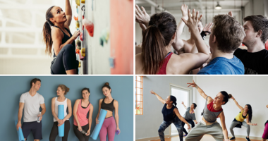 4 Bildabschnitte: Kletterin an der Wand, Gruppe die abklatscht, 4 Personen mit Yogamatte, Tänzerinnen