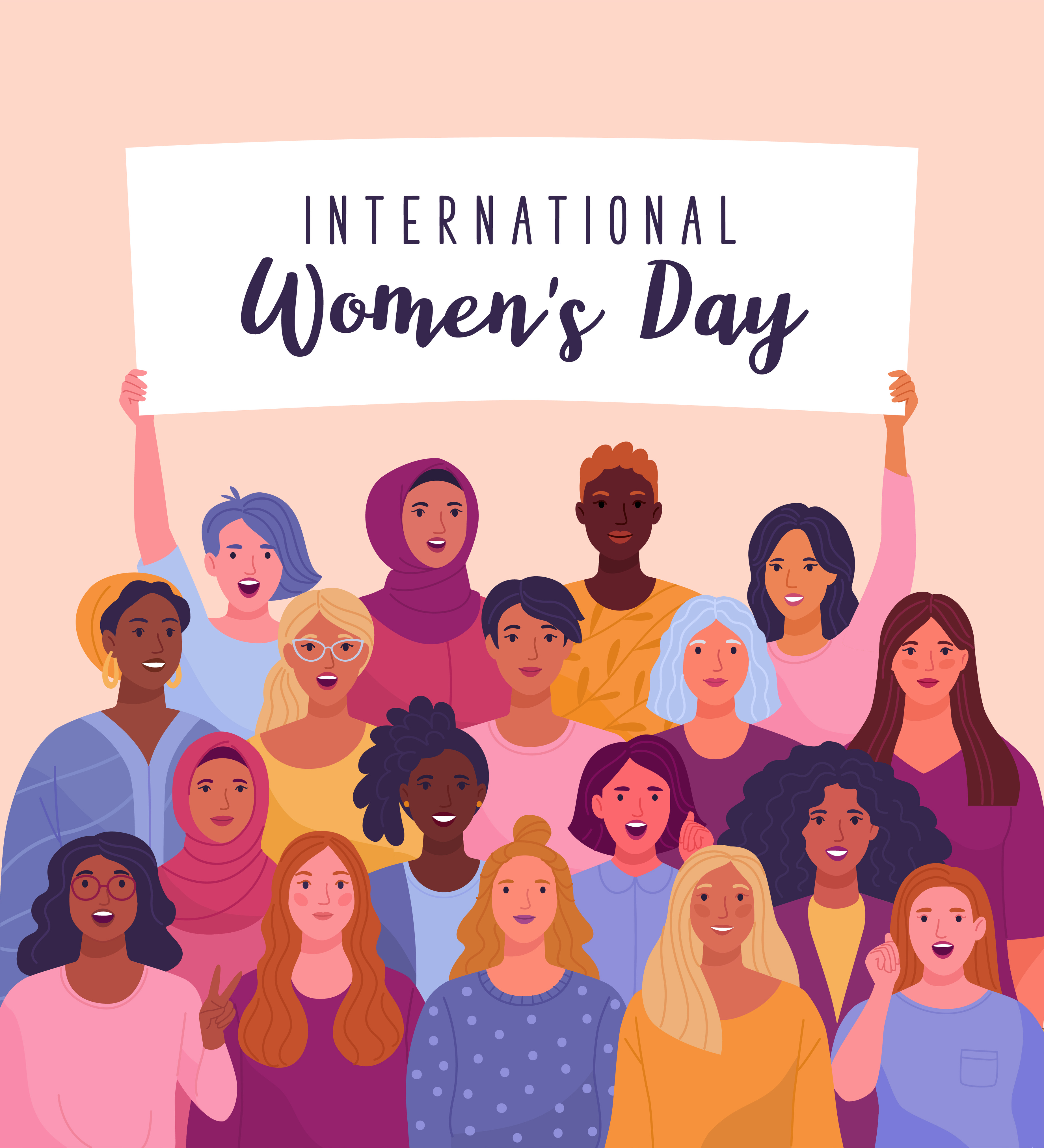 Unterschiedliche Frauen ein Schild International Women's Day hoch